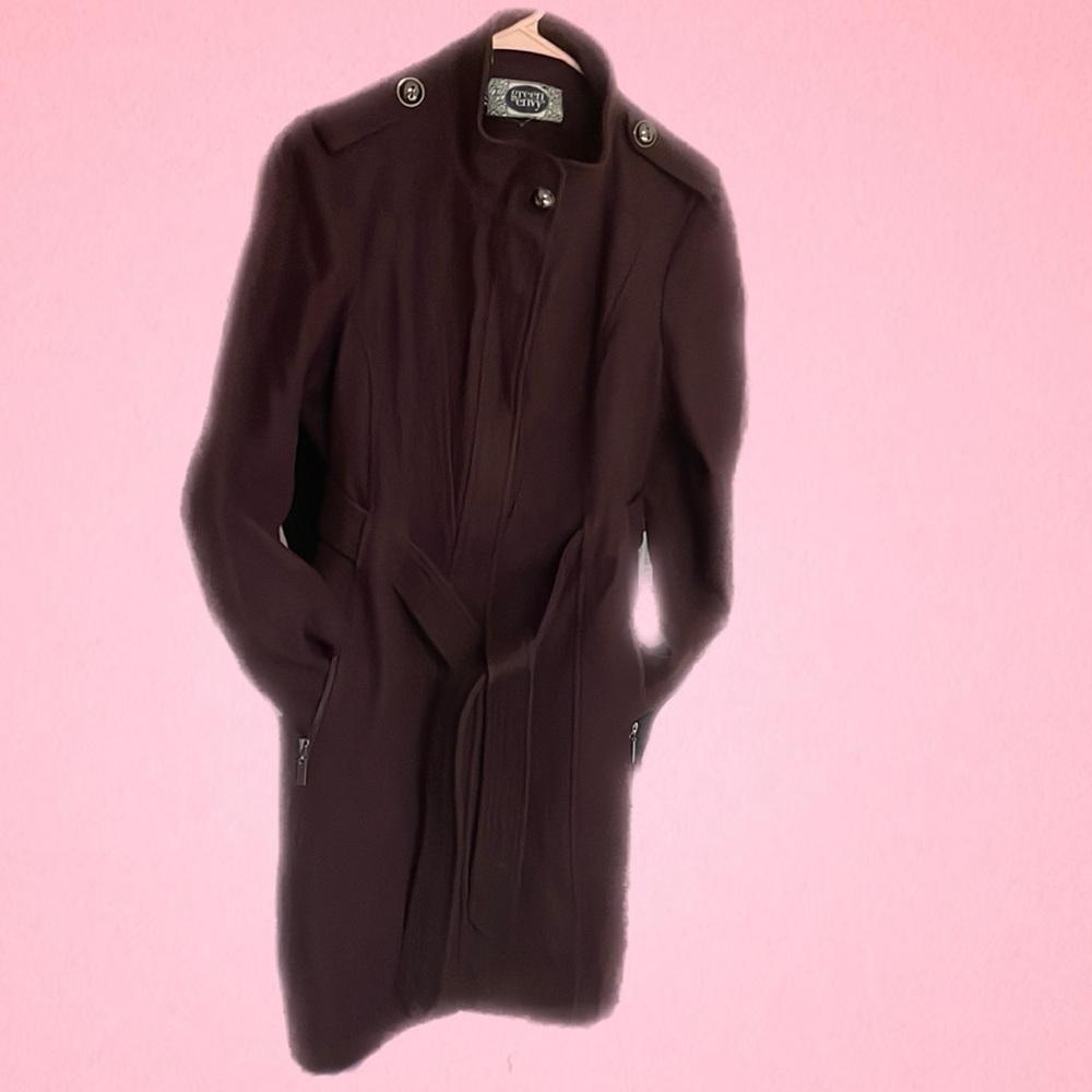 Green with envy deep maroon coat silk like lining inside zipper pockets